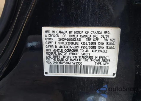 2007 Acura Mdx Technology Package from USA, damaged, VIN 2HNYD28307H523360